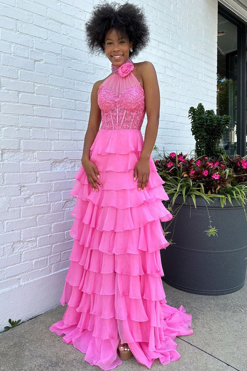 Pink A-Line Halter Neck Lace Top Long Tiered Chiffon Prom Dress - VelvetHem