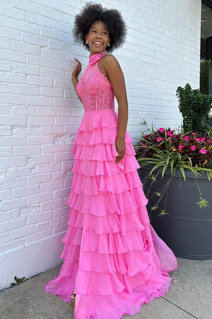 Pink A-Line Halter Neck Lace Top Long Tiered Chiffon Prom Dress - View 5 | VelvetHem