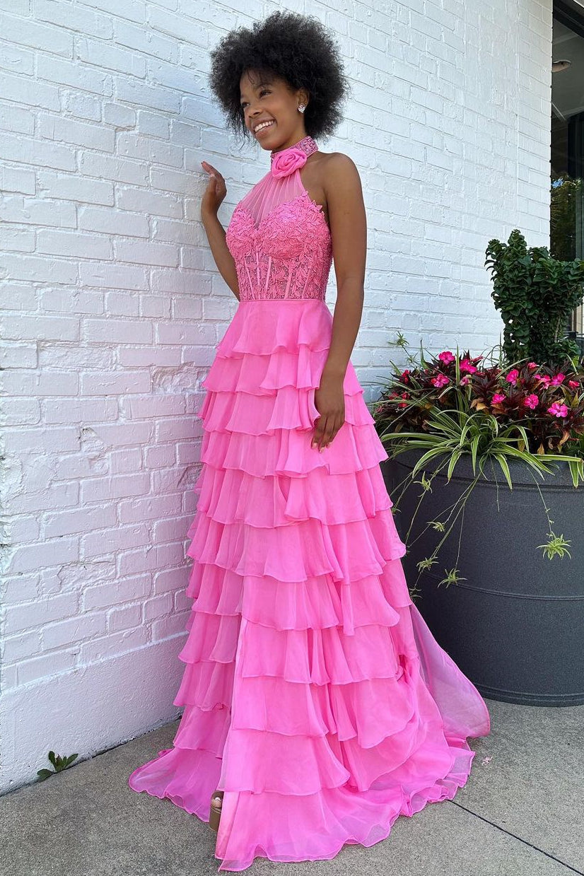 Pink A-Line Halter Neck Lace Top Long Tiered Chiffon Prom Dress - View 6 | VelvetHem