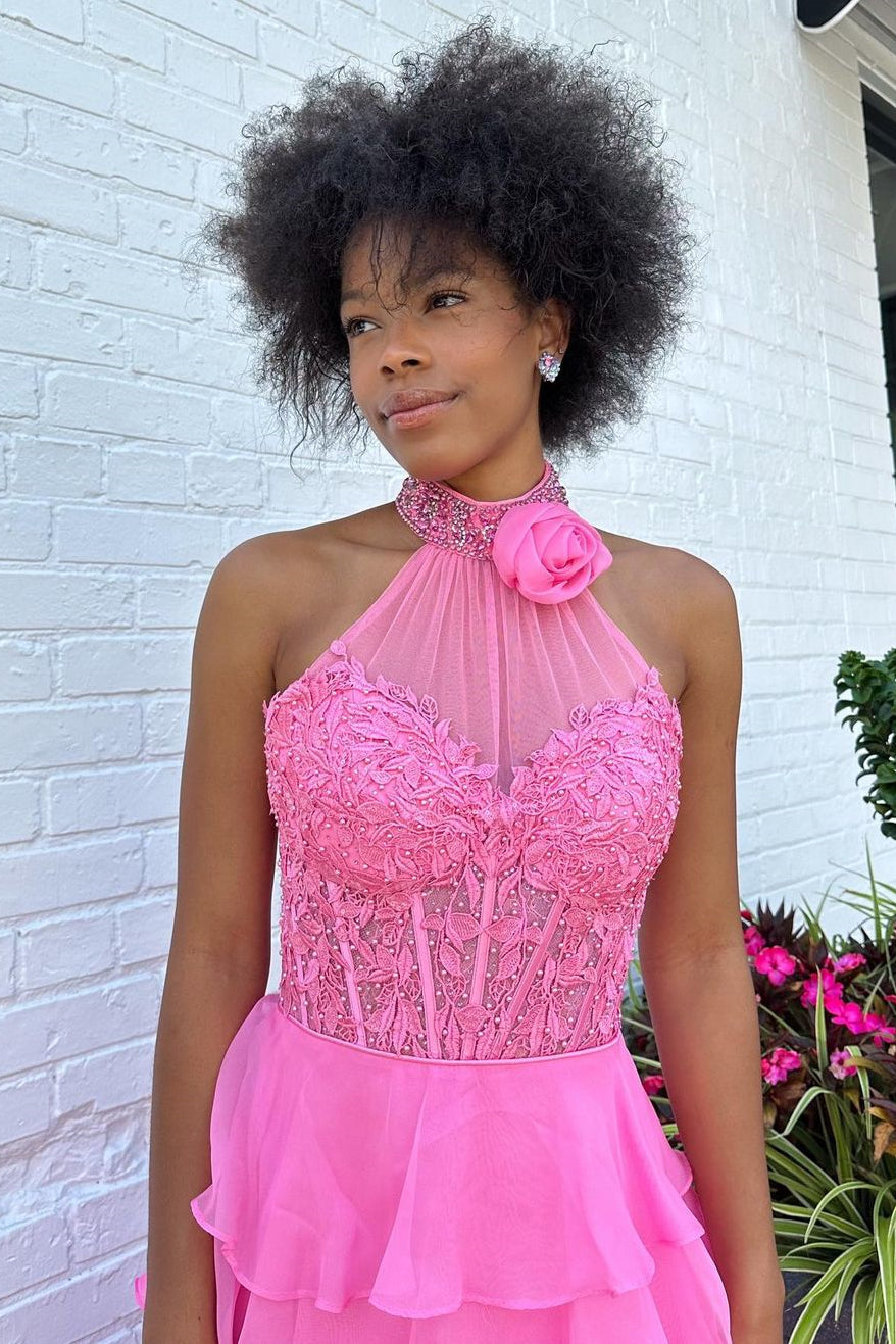 Pink A-Line Halter Neck Lace Top Long Tiered Chiffon Prom Dress - View 7 | VelvetHem