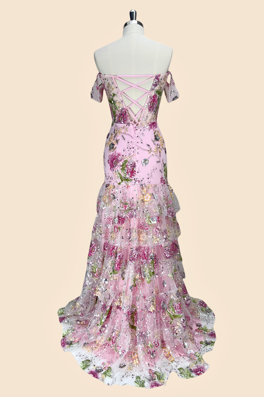Gorgeous Mermaid Off Shoulder Pink Floral Corset Mermaid Prom Dress with Slit