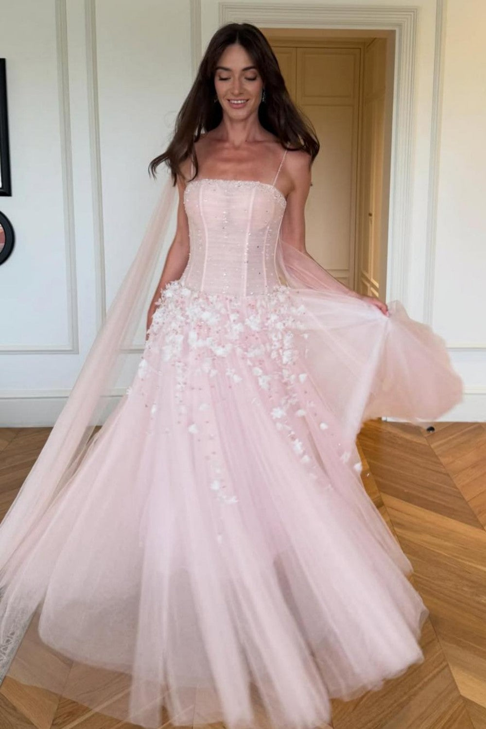 Princess A Line Pink Floral Spaghetti Straps Tulle Ball Gown Prom Dress with Corset Bodice