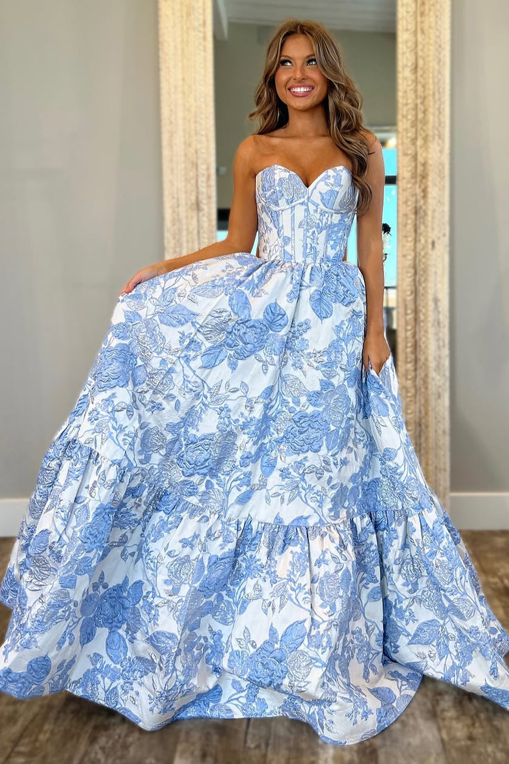 Lovely Light Blue Sweetheart A-Line Zipper Back Long Print Prom Dress - View 3 | VelvetHem