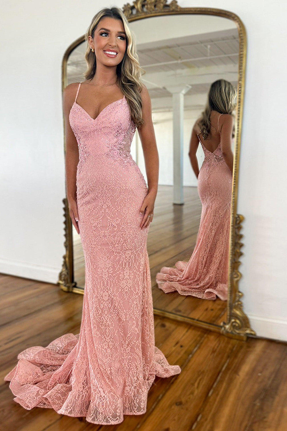 Pink Mermaid Spaghetti Straps Backless Long Lace Prom Dress - VelvetHem