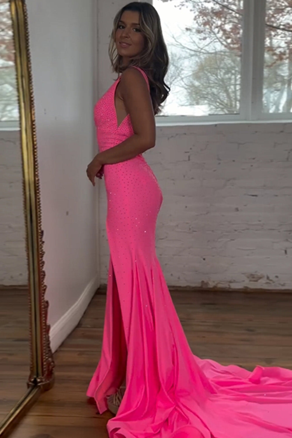 Sparkly Pink Mermaid V-Neck Sweep Train Beaded Prom Dress With Split - View 2 | VelvetHem