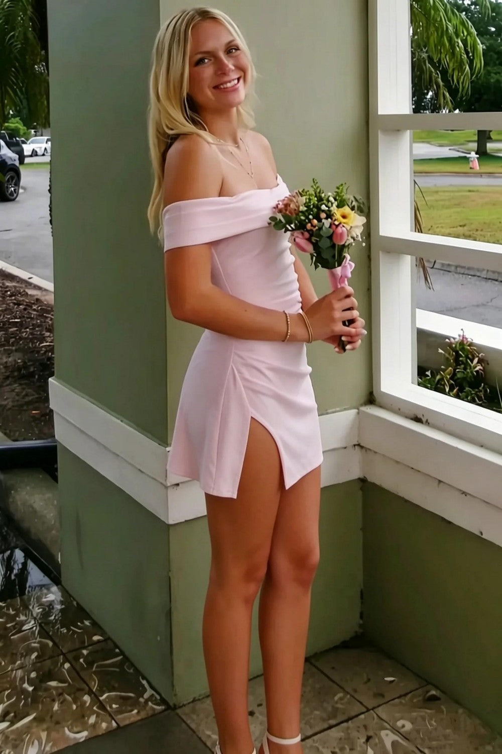 Stunning A Line Off the Shoulder Light Pink Short Homecoming Dress with Ruched