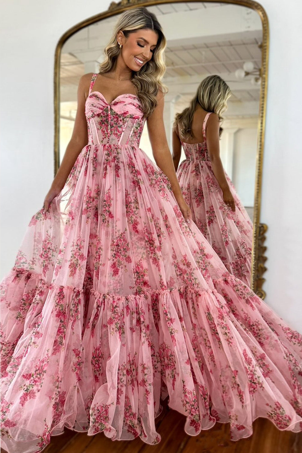 Pink Romantic A-Line Spaghetti Straps Long Print Tulle Prom Dress - VelvetHem