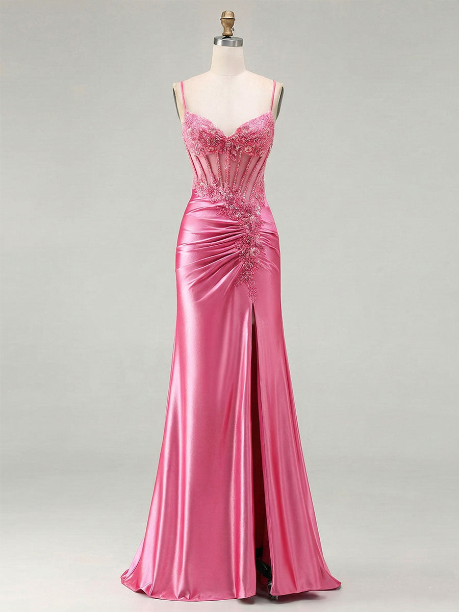 Pink Satin Spaghetti Strap Beaded Sheer Corset Prom Dress with Ruched Slit - VelvetHem