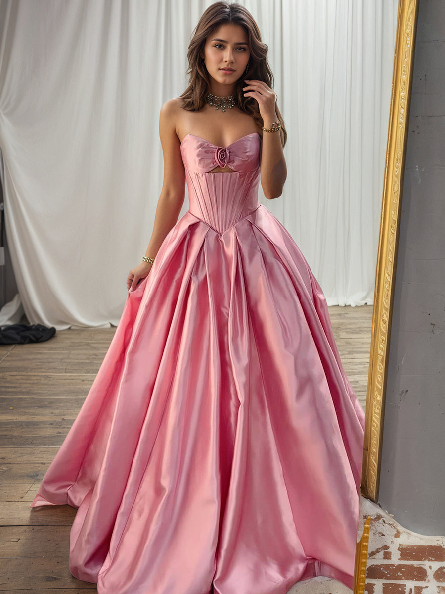 Pink Satin Strapless Long Corset Prom Dress with Rosette - VelvetHem