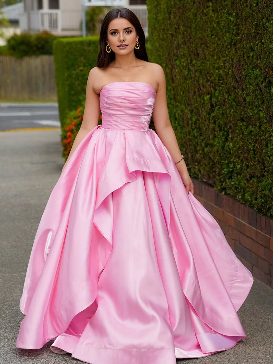 Pink Satin Strapless Ruched Bodice Asymmetrical Tiered Prom Dress - VelvetHem