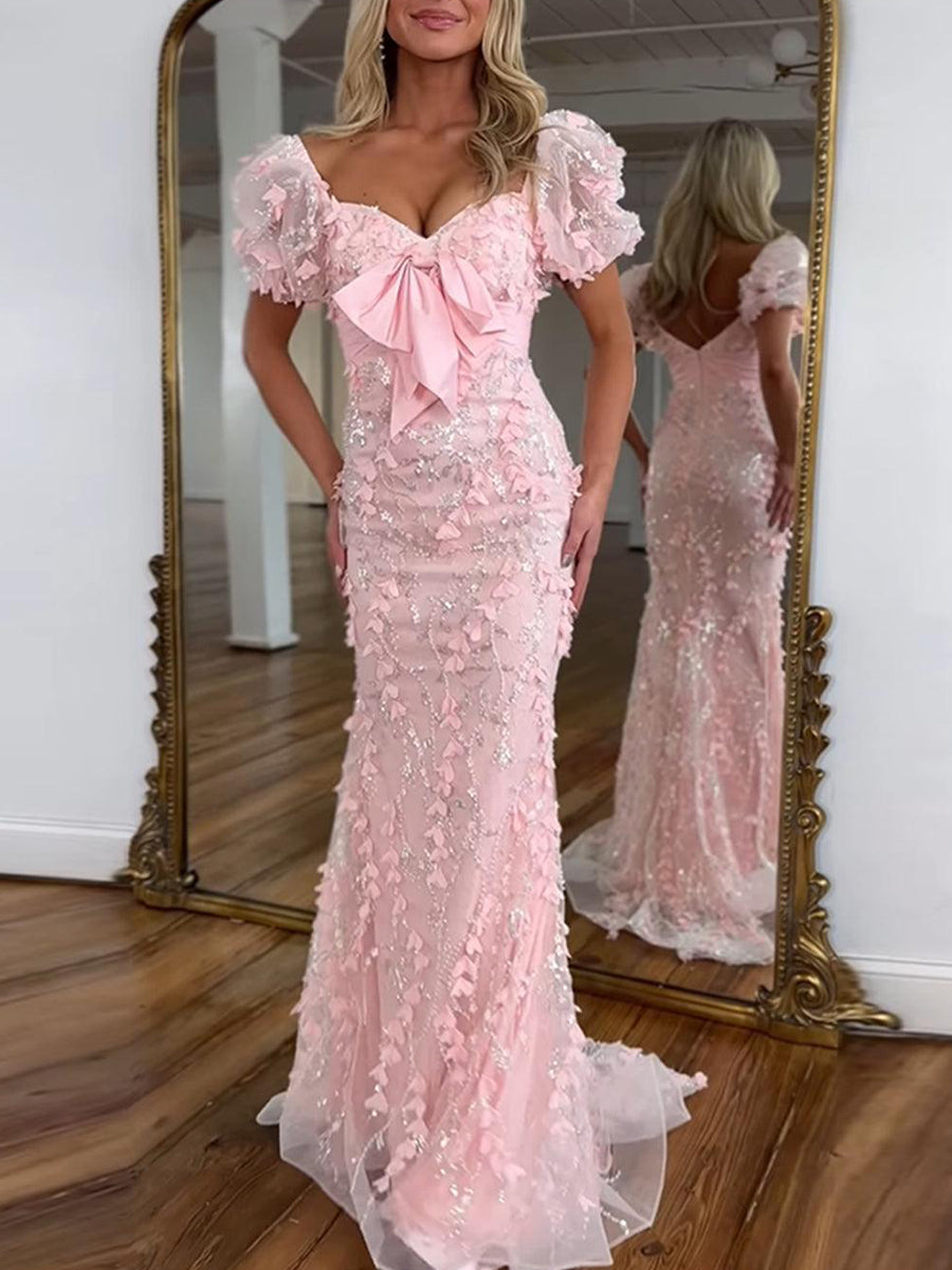 Pink Sequin Leaf Mermaid Long Prom Dress with Bow Detail - VelvetHem