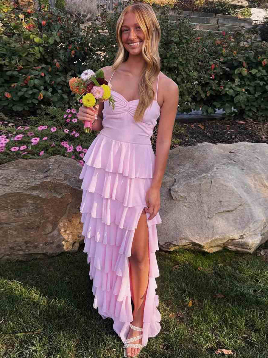 Pink Spaghetti Straps Ruffles Chiffon Long Prom Dress with Slit - VelvetHem