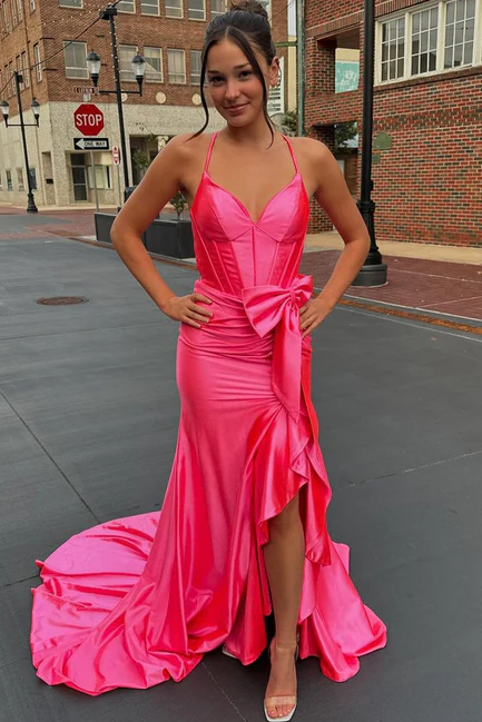 Spaghetti Straps V-Neck Ruffles with Train Evening Dress Formal Party Prom Gown - View 3 | VelvetHem