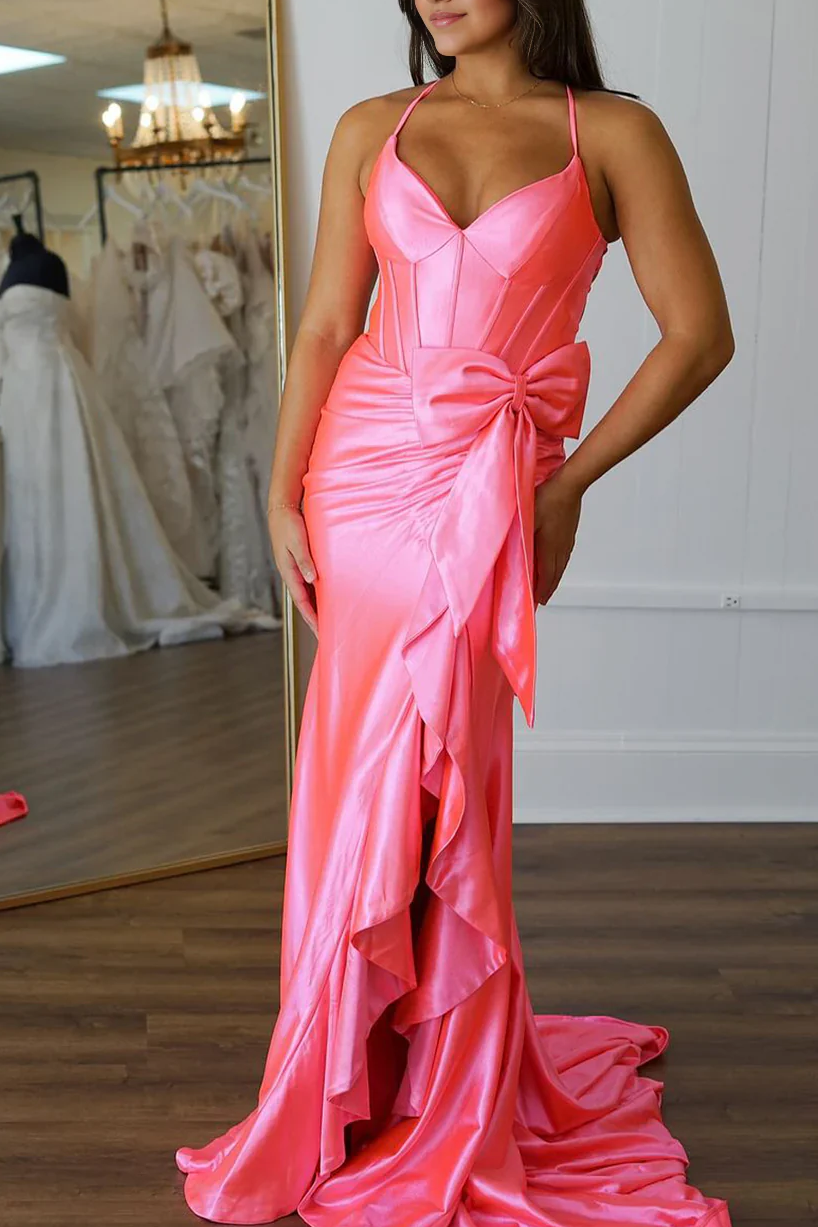 Spaghetti Straps V-Neck Ruffles with Train Evening Dress Formal Party Prom Gown - View 4 | VelvetHem