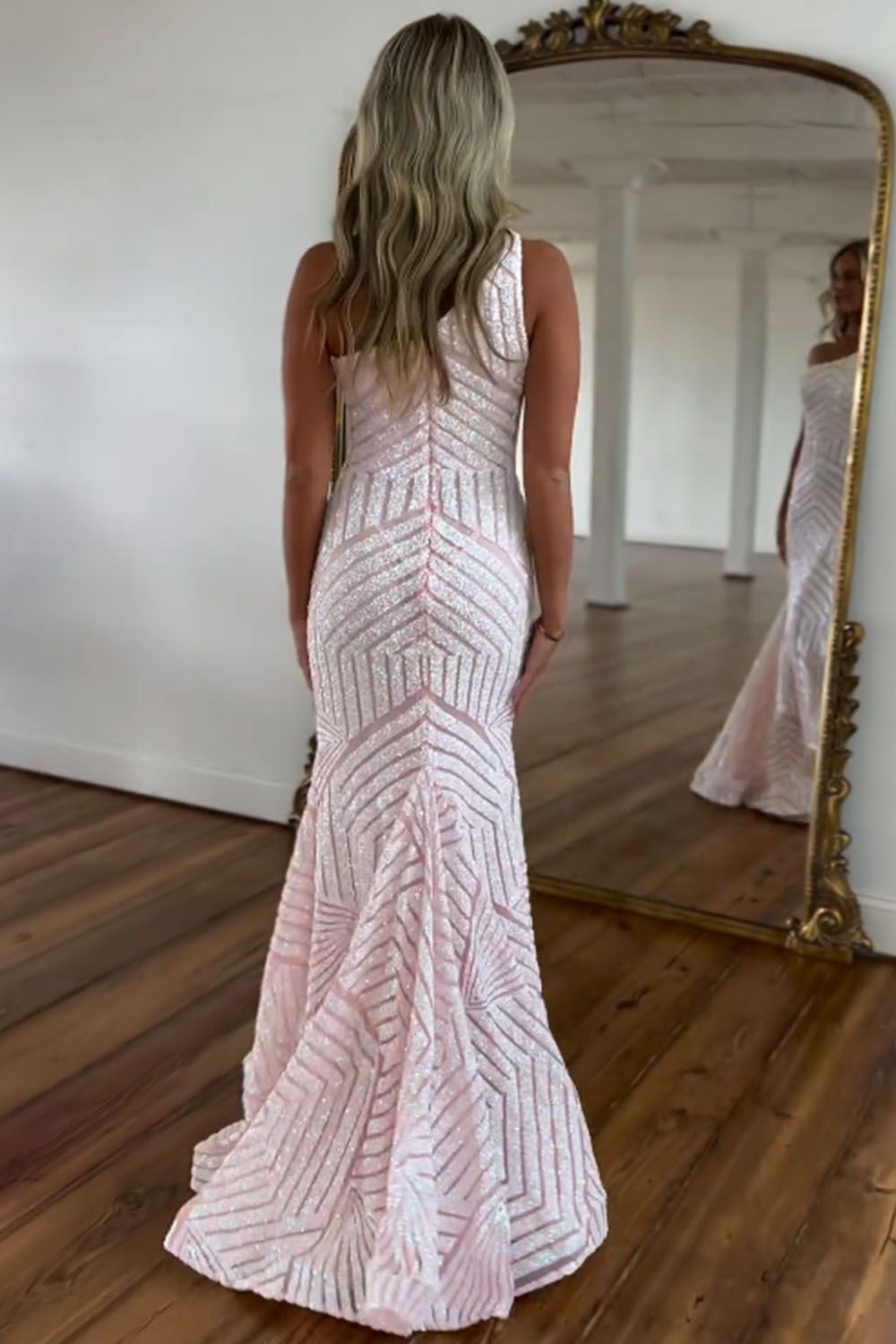Sparkly Sequin One Shoulder Pink Long Mermaid Corset Prom Dress