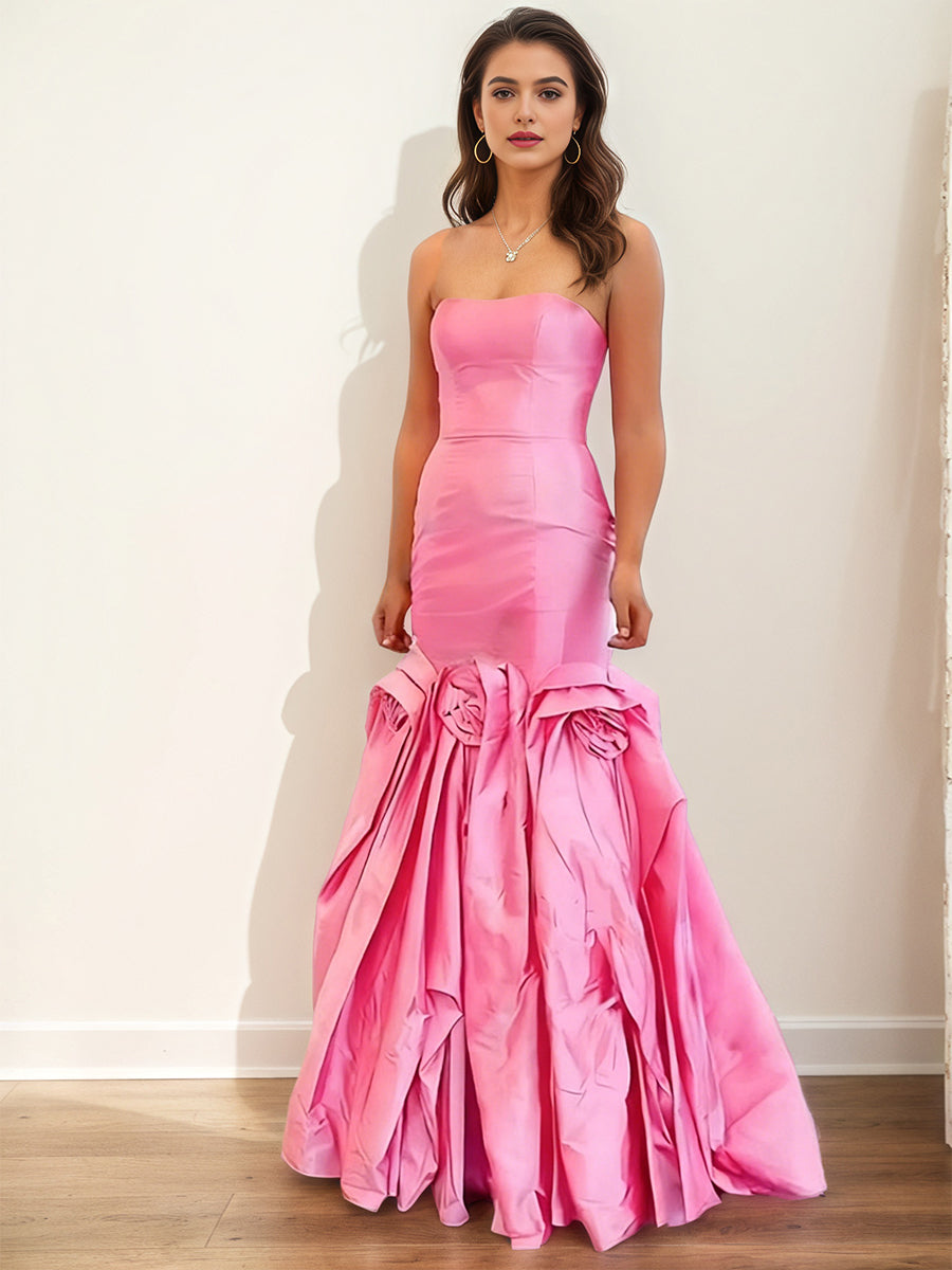 Pink Strapless Satin 3D Rosette Mermaid Long Prom Dress - VelvetHem