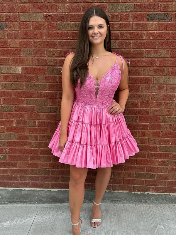 A-line V Neck Spaghetti Straps Satin Short Homecoming Dress - VelvetHem