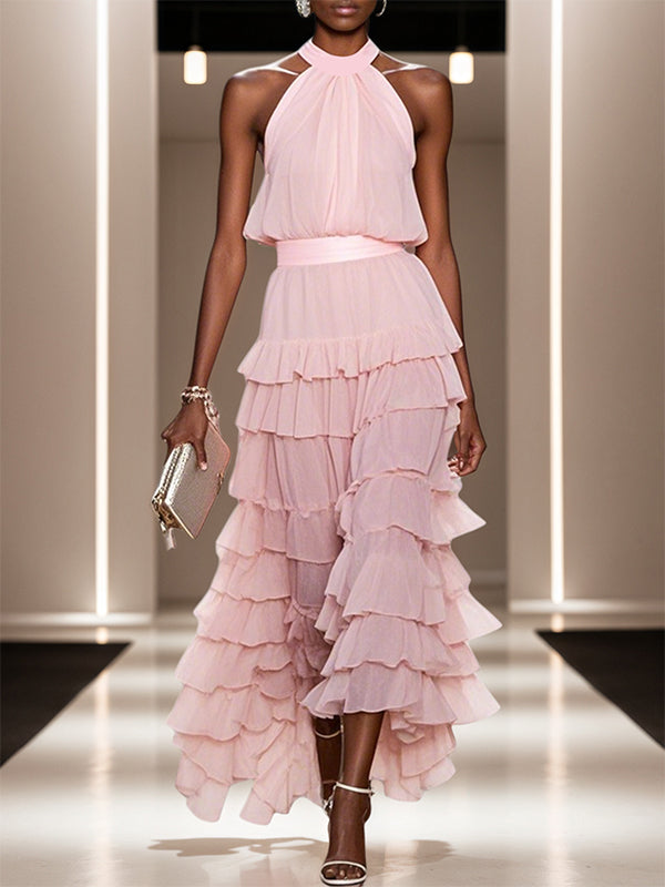 A Line Pink Chiffon Halter Neck Sleeveless Ankle Length Dress With Cascading Ruffles - VelvetHem