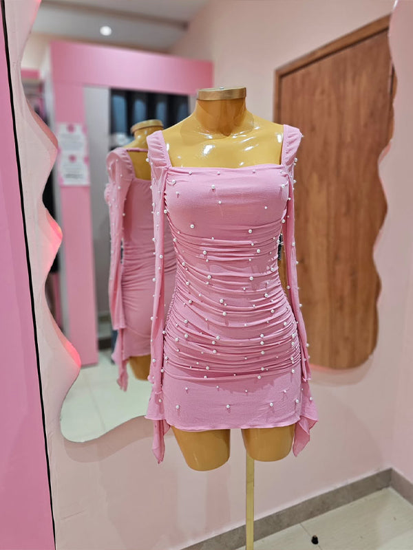 Sheath Tulle Pleated Tight Homecoming Dress with Pearls - VelvetHem