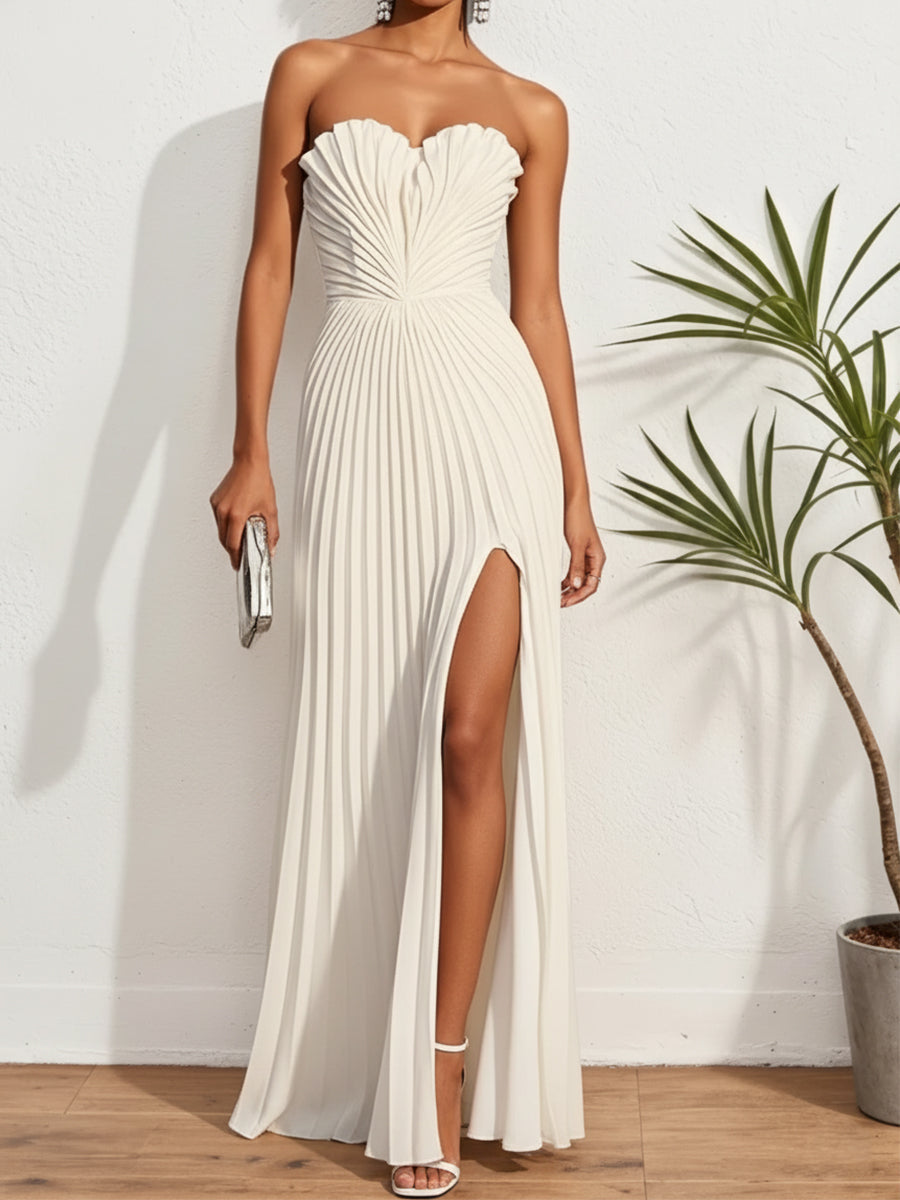 Pleated Classic Strapless Sleeveless A-Line Maxi Dress - VelvetHem