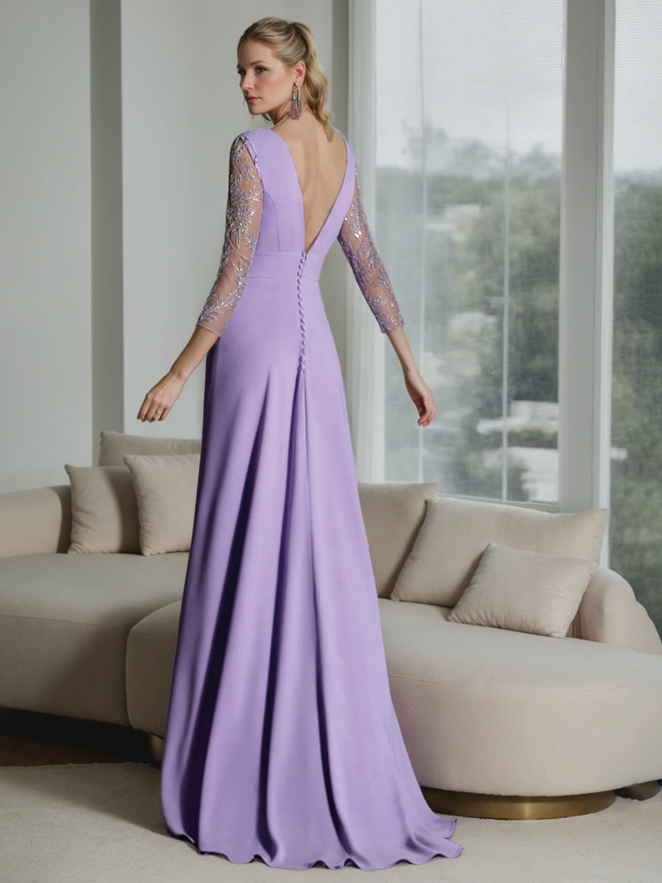 Plunge V Neck A Line Jumpsuit for the Mother of the Bride with Ruched Embroidered Tulle Sleeves & Bow