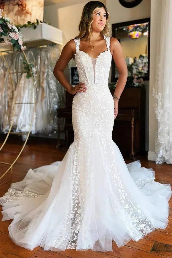 Plunging Neckline Ivory Off-the-Shoulder Mermaid Wedding Dress (ZD16117) - VelvetHem