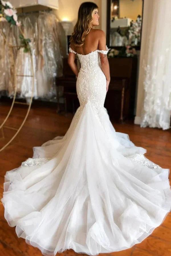 Plunging Neckline Ivory Off-the-Shoulder Mermaid Wedding Dress (ZD16117)