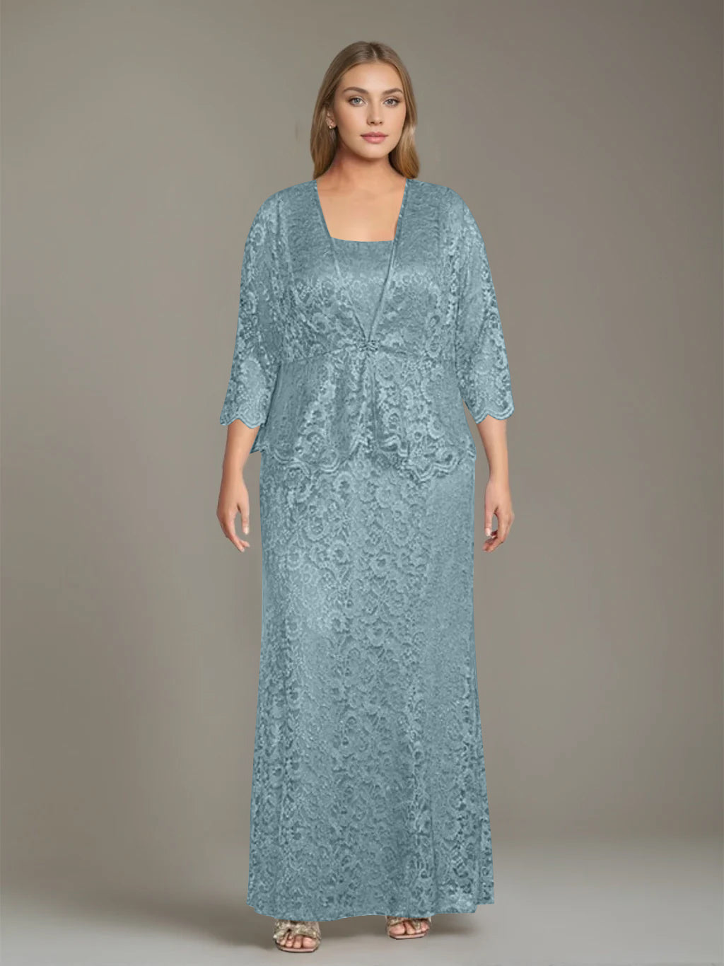 Plus Size 2 Piece Mother of the Bride Dress Set with Square Neck and Long Sheath