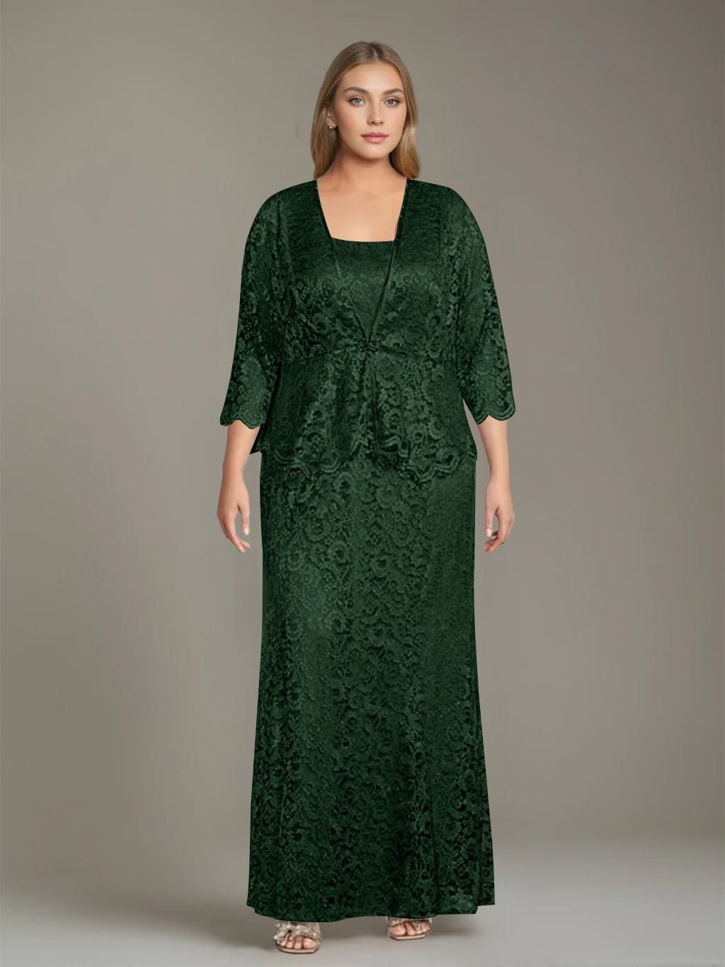 Plus Size 2 Piece Mother of the Bride Dress Set with Square Neck and Long Sheath