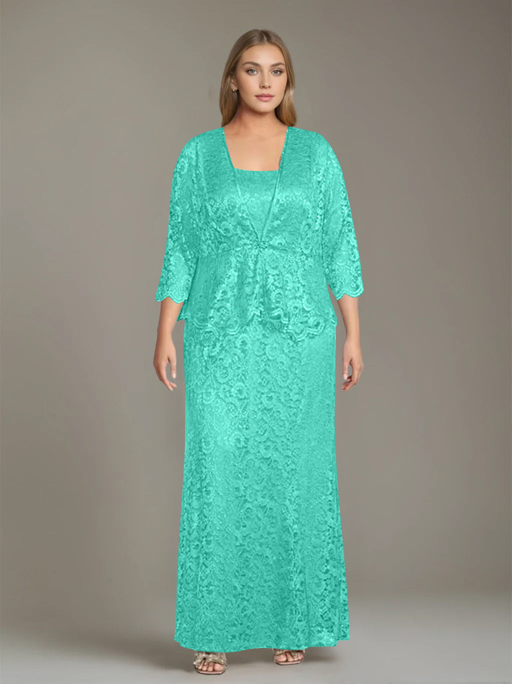 Plus Size 2 Piece Mother of the Bride Dress Set with Square Neck and Long Sheath