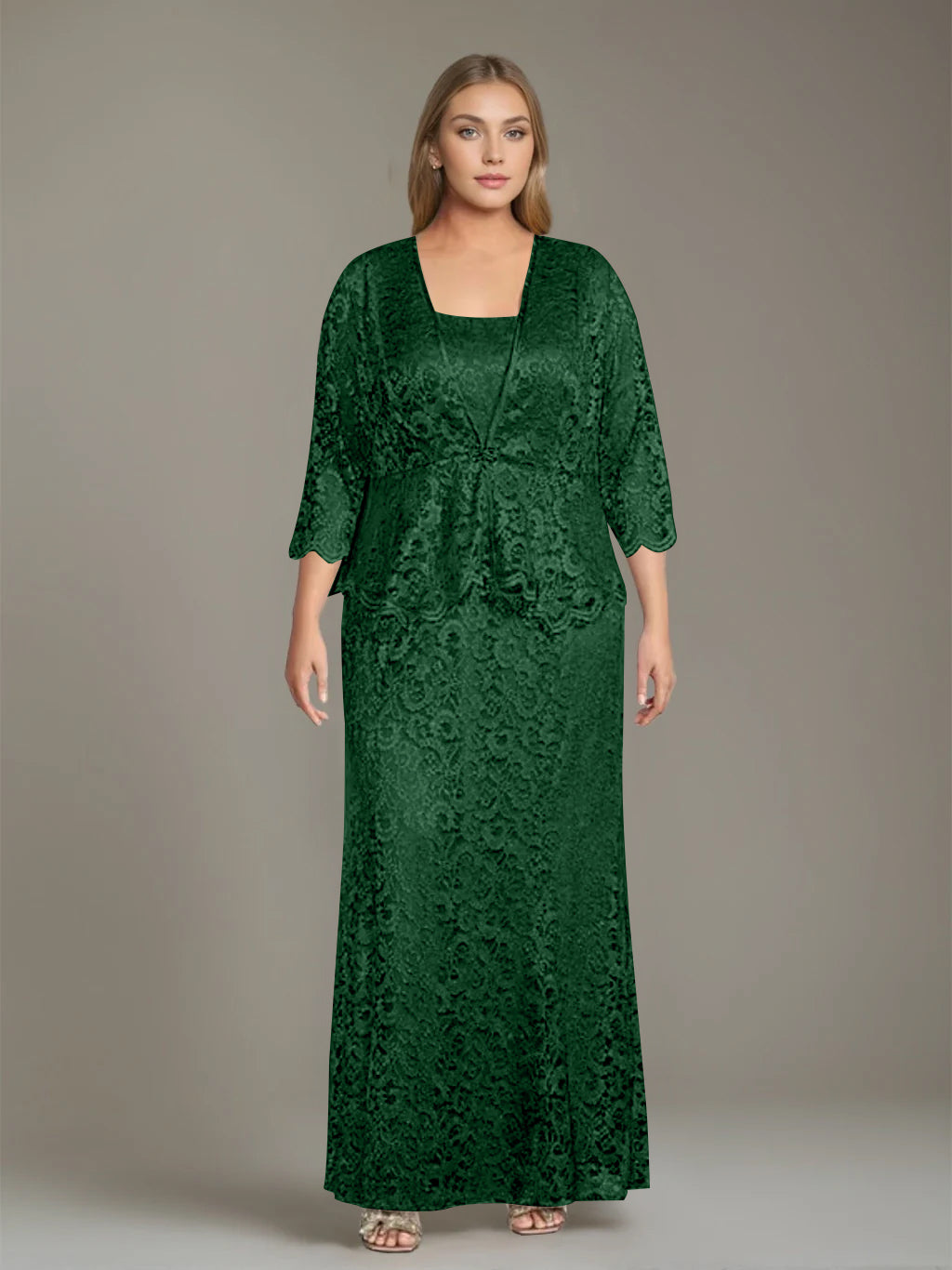 Plus Size 2 Piece Mother of the Bride Dress Set with Square Neck and Long Sheath