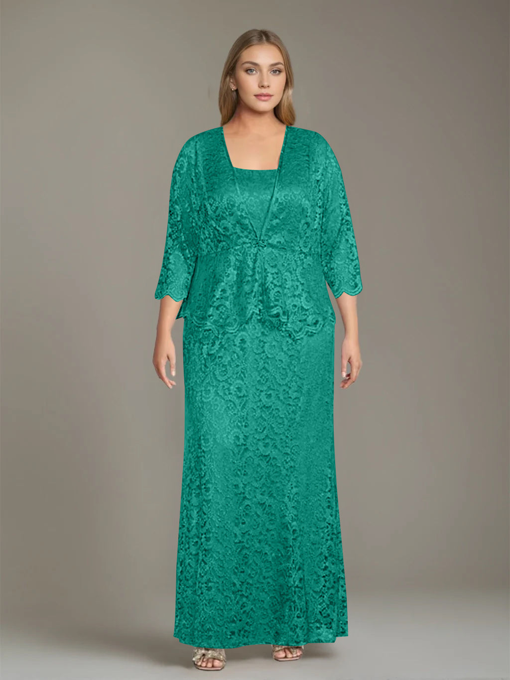 Plus Size 2 Piece Mother of the Bride Dress Set with Square Neck and Long Sheath