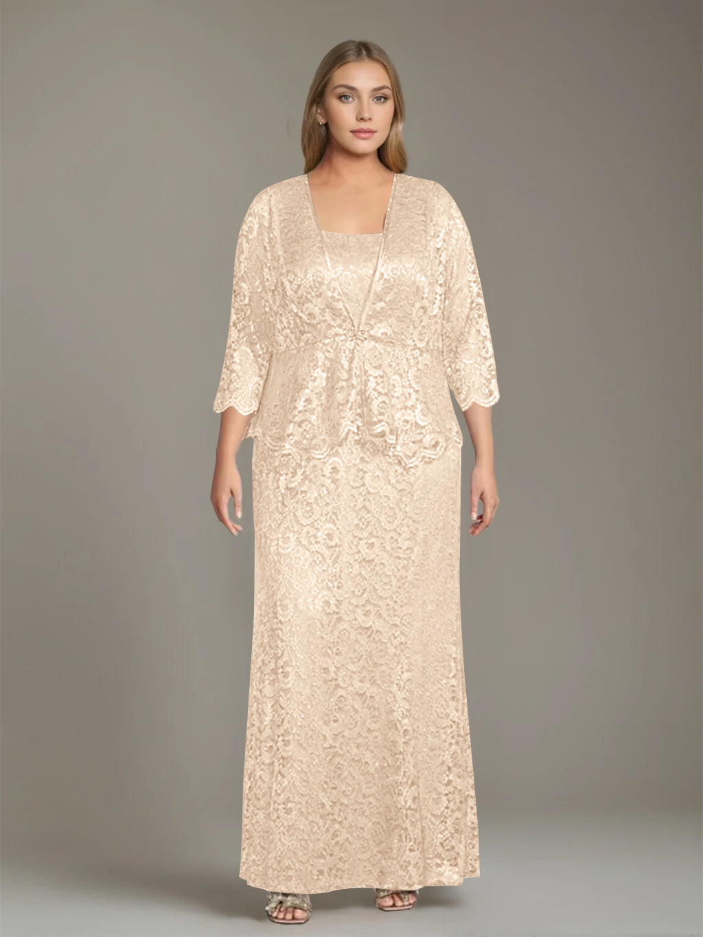 Plus Size 2 Piece Mother of the Bride Dress Set with Square Neck and Long Sheath