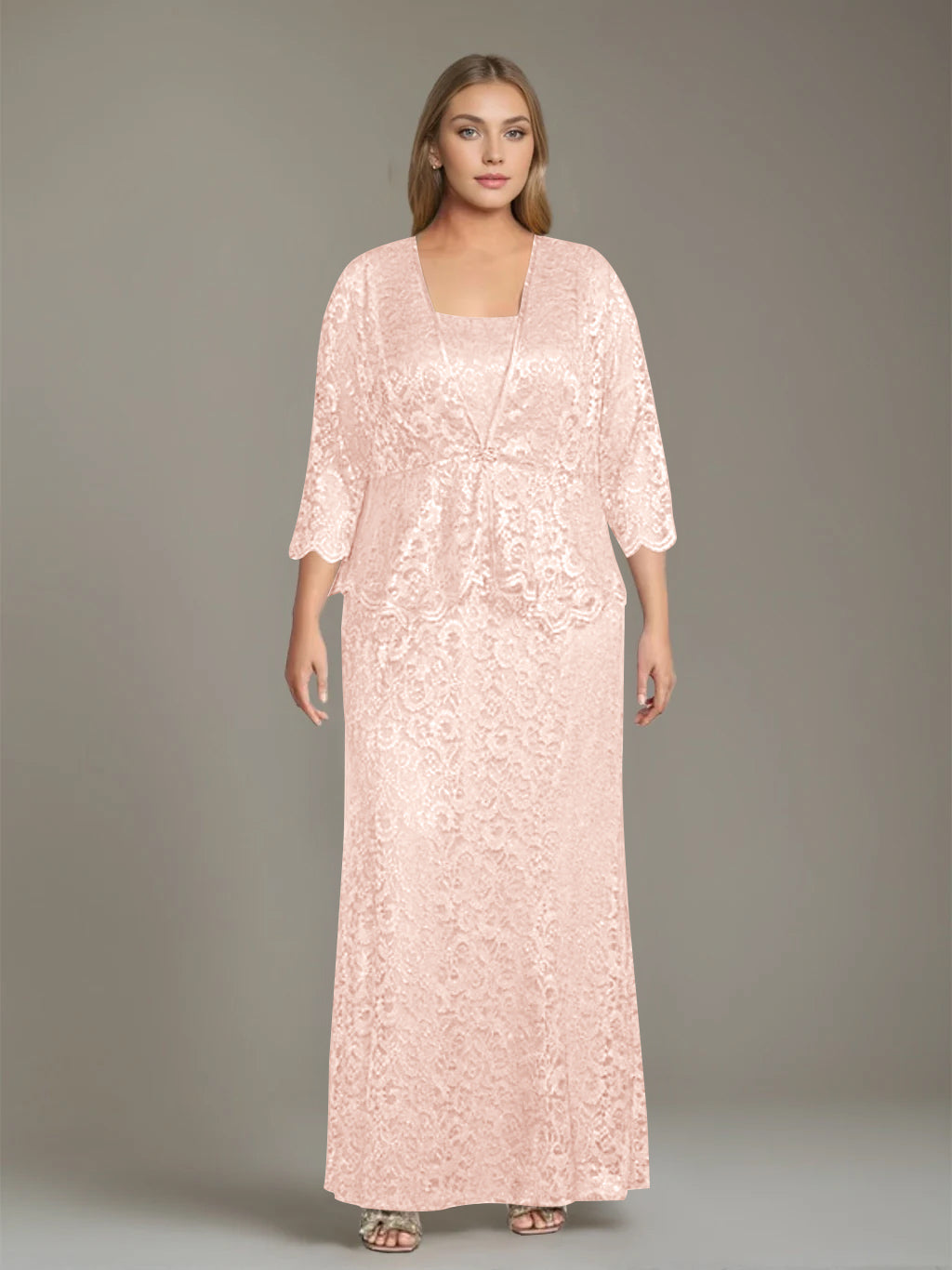 Plus Size 2 Piece Mother of the Bride Dress Set with Square Neck and Long Sheath
