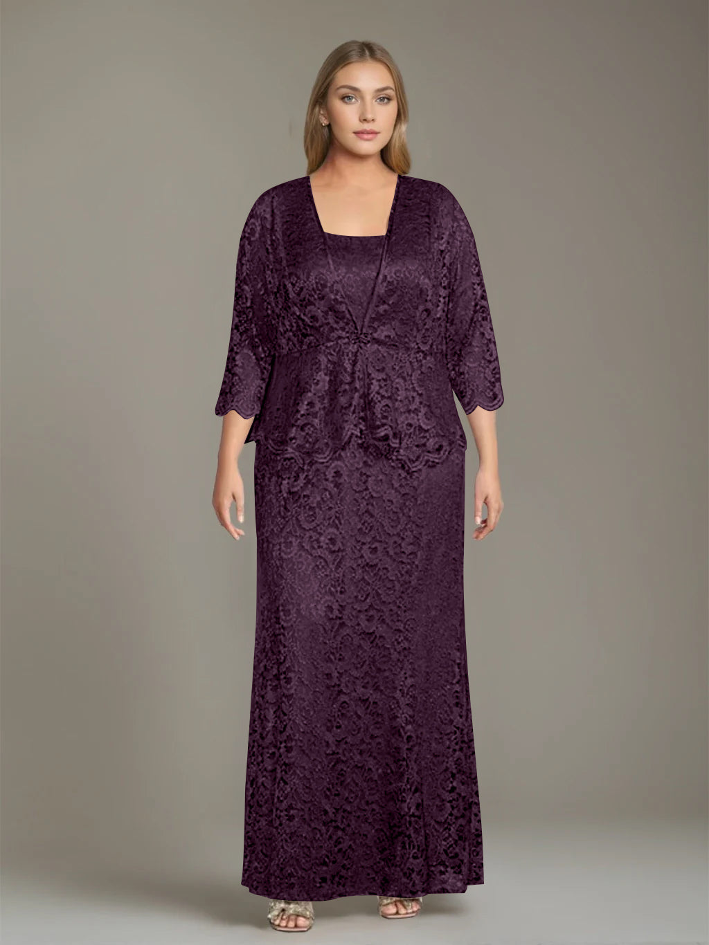 Plus Size 2 Piece Mother of the Bride Dress Set with Square Neck and Long Sheath