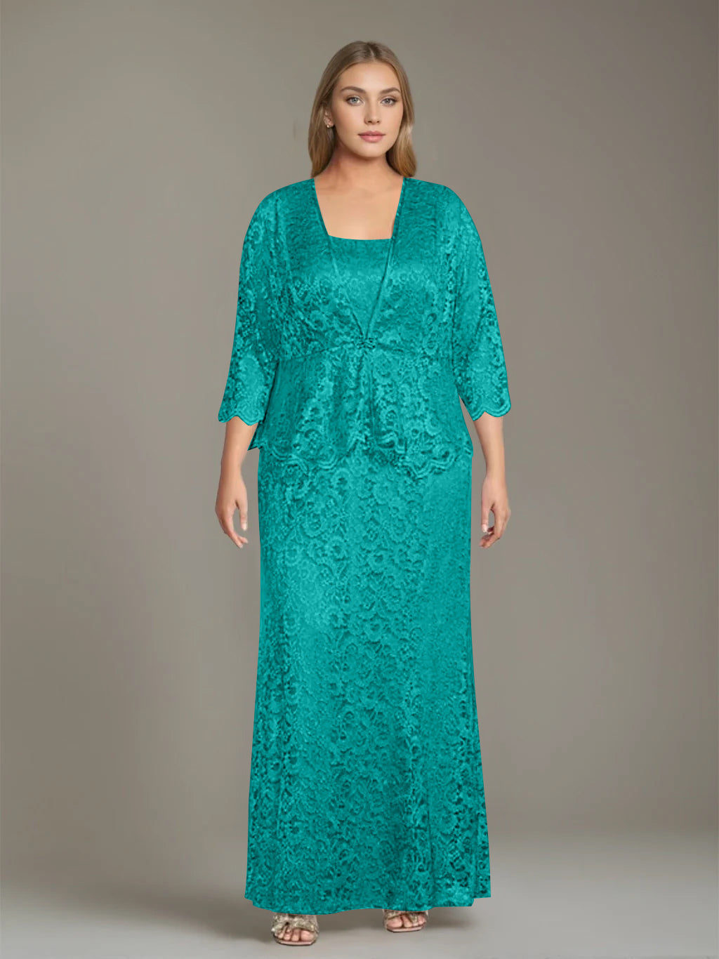 Plus Size 2 Piece Mother of the Bride Dress Set with Square Neck and Long Sheath