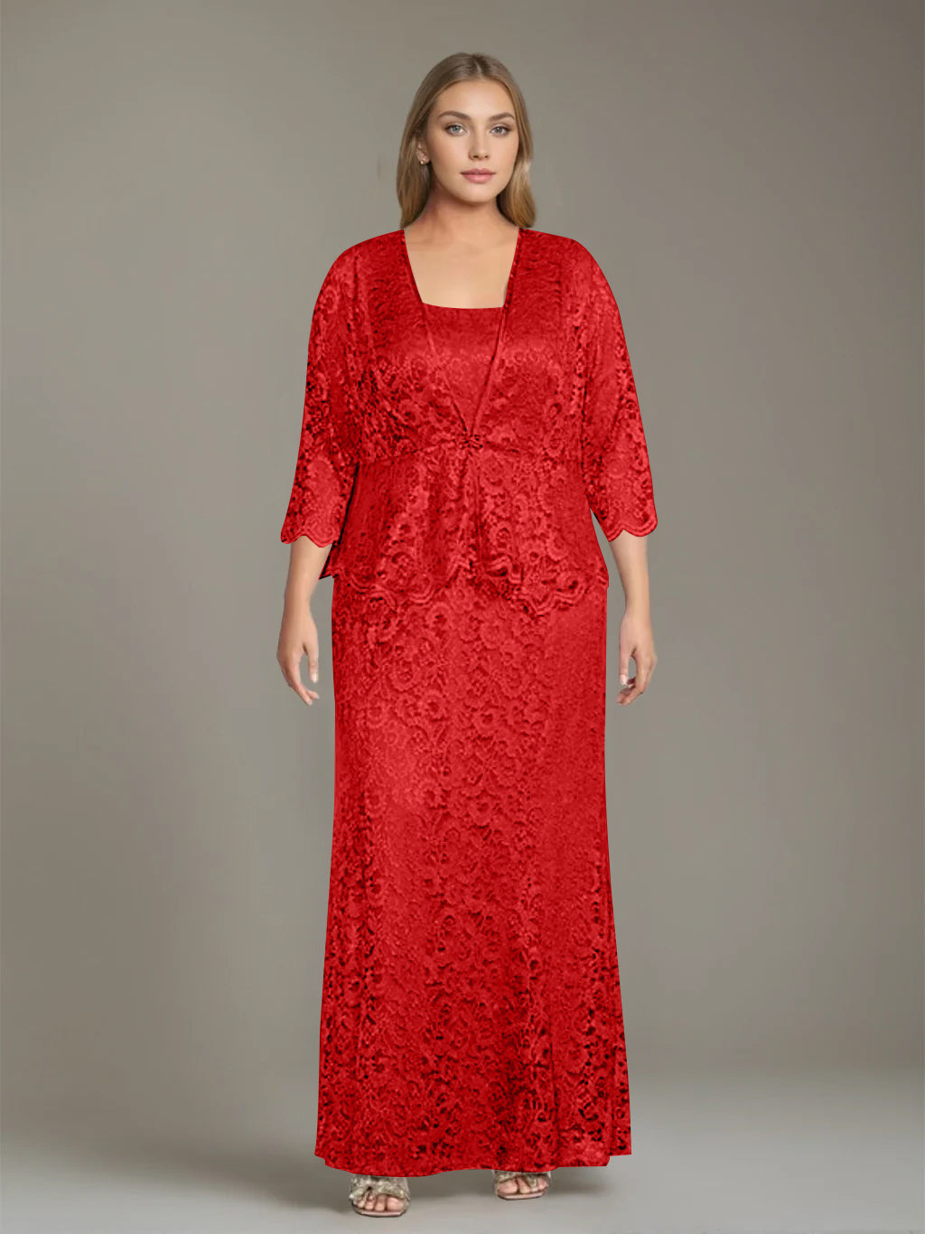 Plus Size 2 Piece Mother of the Bride Dress Set with Square Neck and Long Sheath