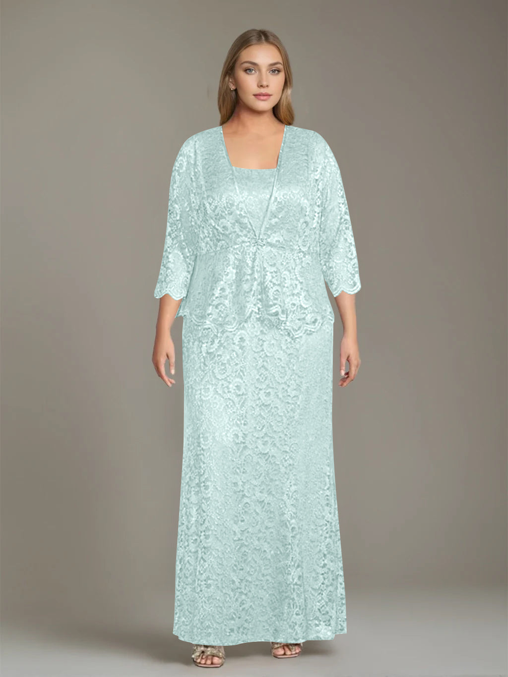 Plus Size 2 Piece Mother of the Bride Dress Set with Square Neck and Long Sheath