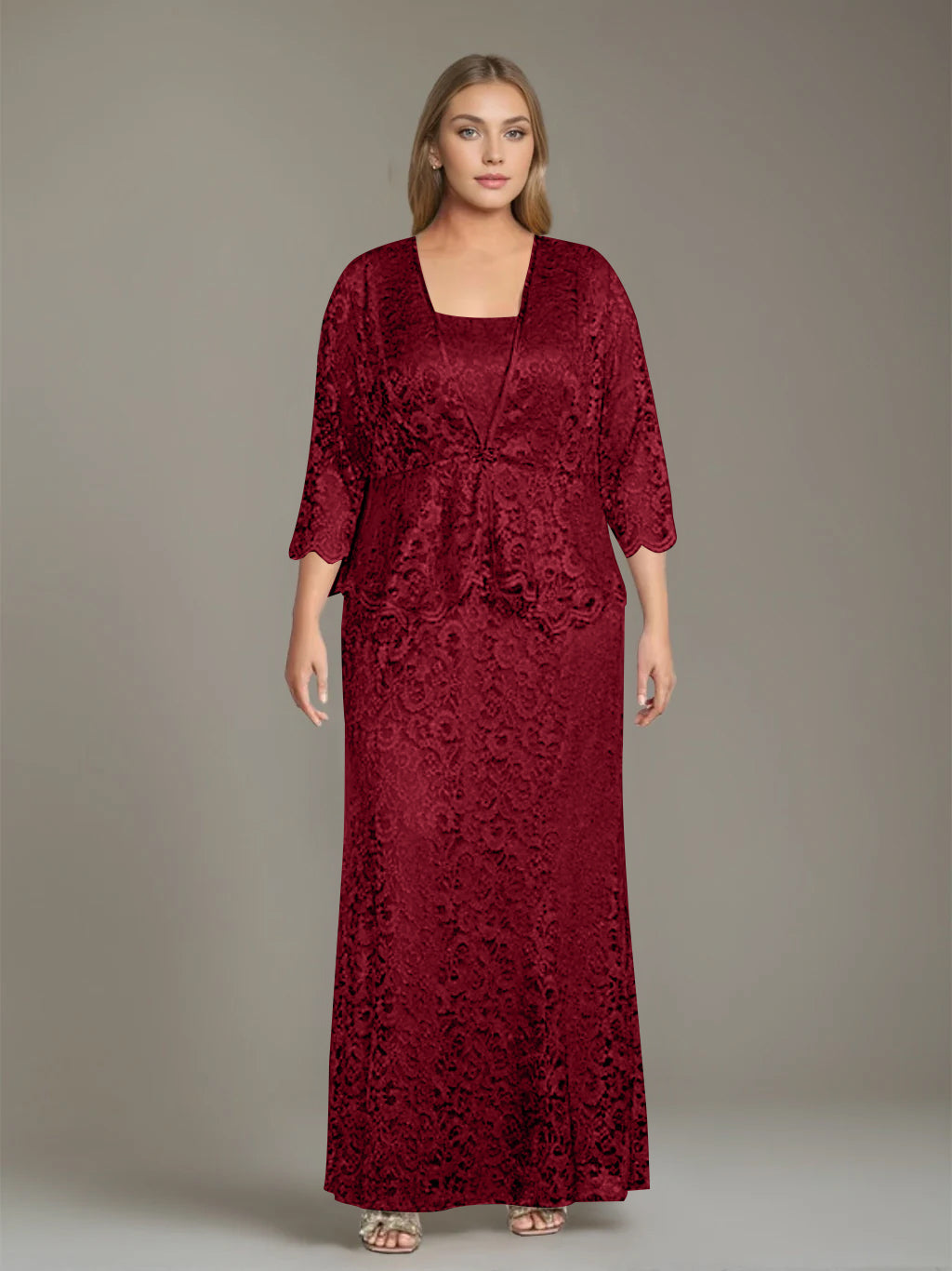Plus Size 2 Piece Mother of the Bride Dress Set with Square Neck and Long Sheath