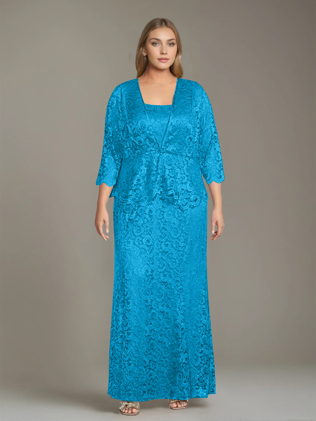 Plus Size 2 Piece Mother of the Bride Dress Set with Square Neck and Long Sheath