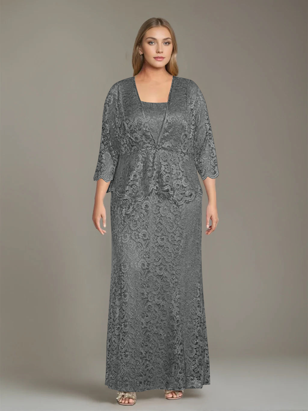 Plus Size 2 Piece Mother of the Bride Dress Set with Square Neck and Long Sheath
