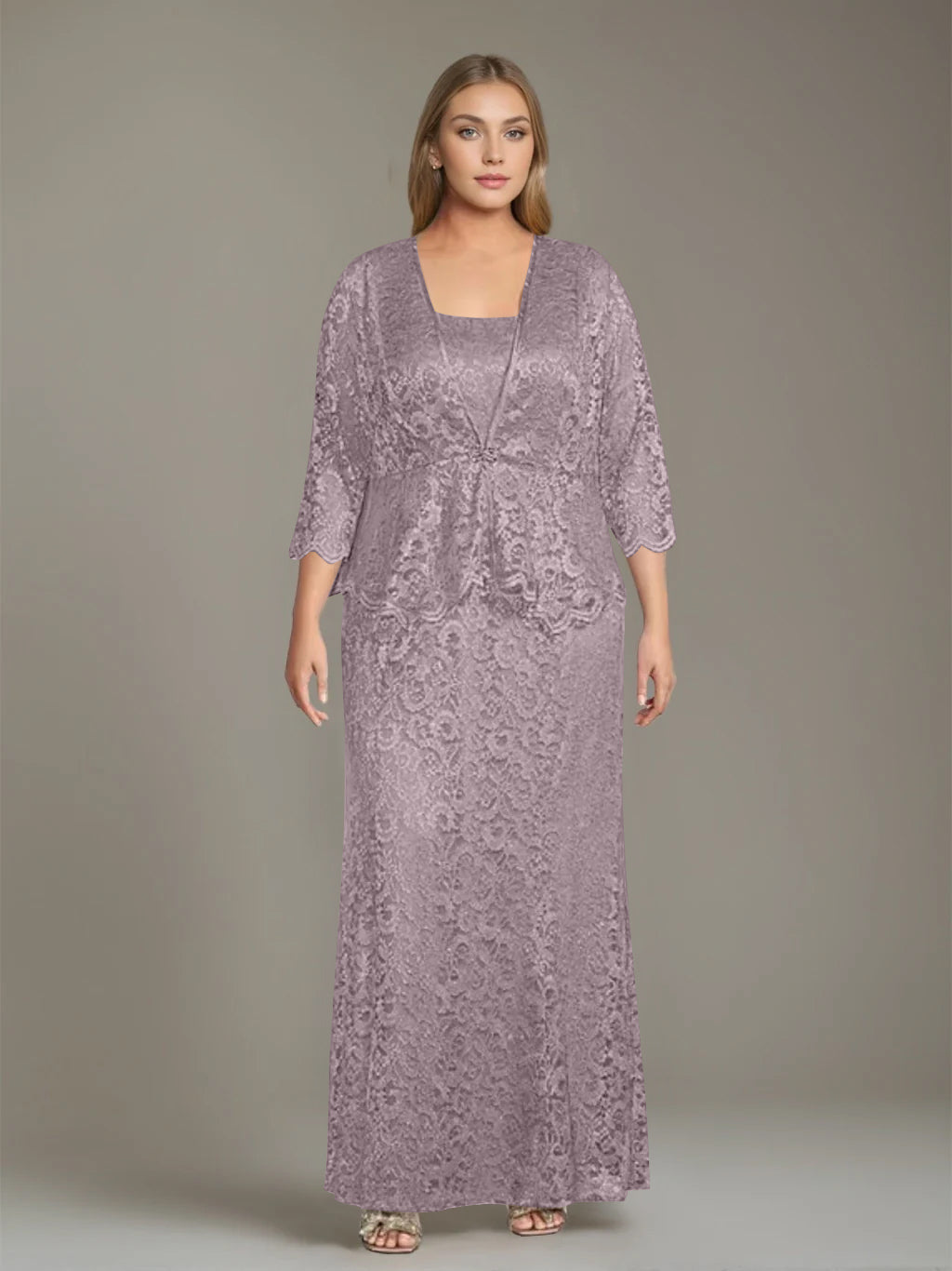 Plus Size 2 Piece Mother of the Bride Dress Set with Square Neck and Long Sheath