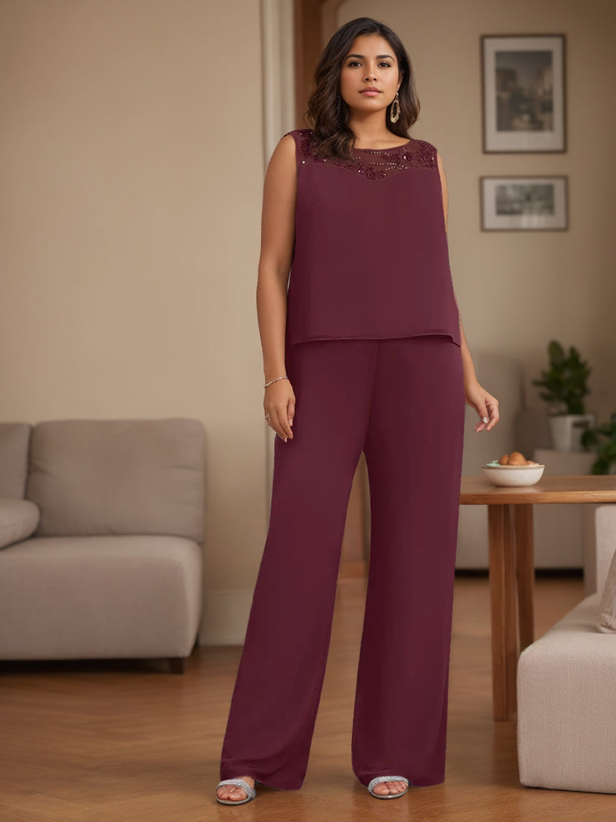 Plus Size 3 Piece Chiffon Pantsuit with Beaded Jacket Lace and Sequins for the Mother of the Bride