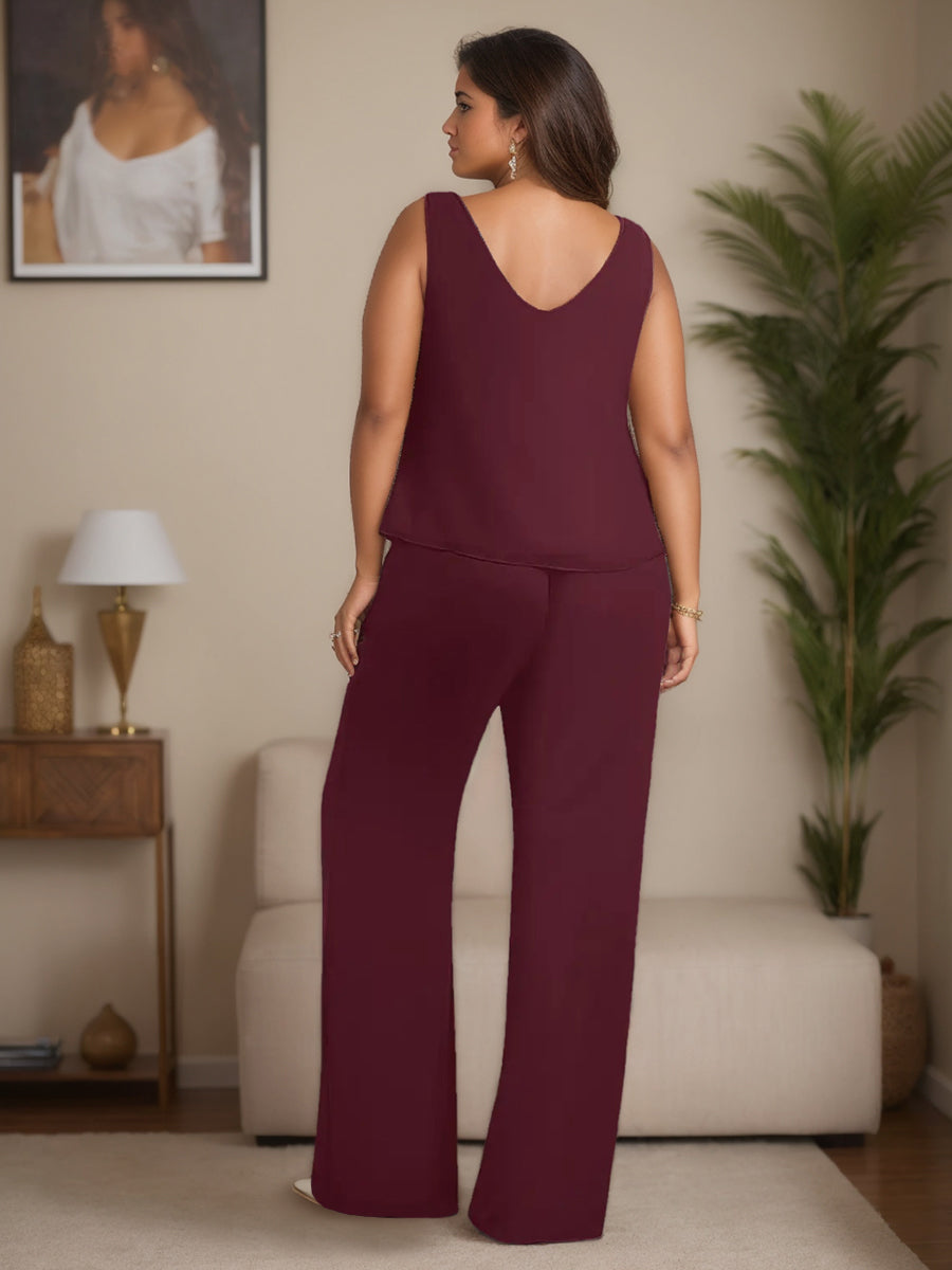 Plus Size 3 Piece Chiffon Pantsuit with Beaded Jacket Lace and Sequins for the Mother of the Bride