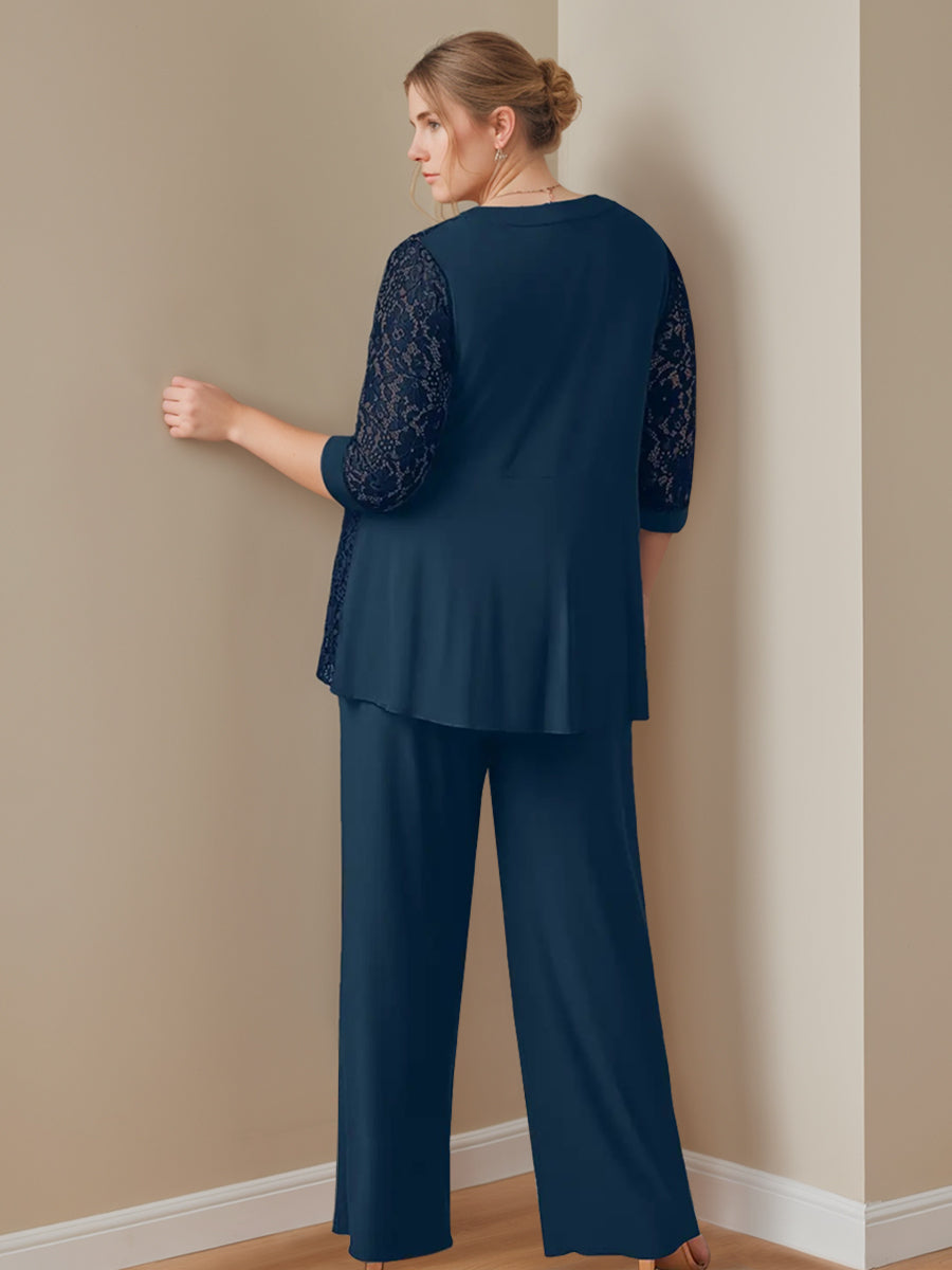 Plus Size 3 Piece Chiffon Pantsuit with Scoop Neck 3/4 Sleeves and Long Jacket Featuring Pockets
