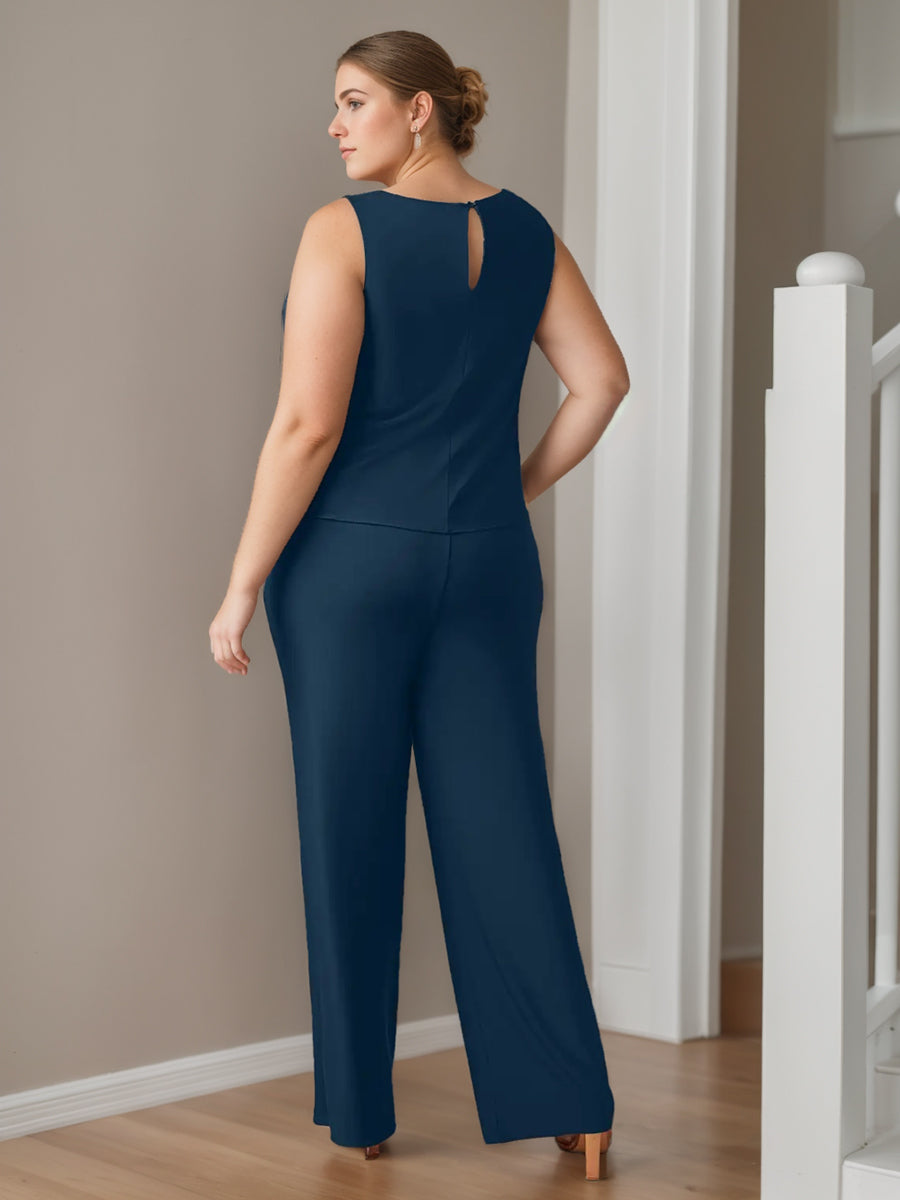 Plus Size 3 Piece Chiffon Pantsuit with Scoop Neck 3/4 Sleeves and Long Jacket Featuring Pockets