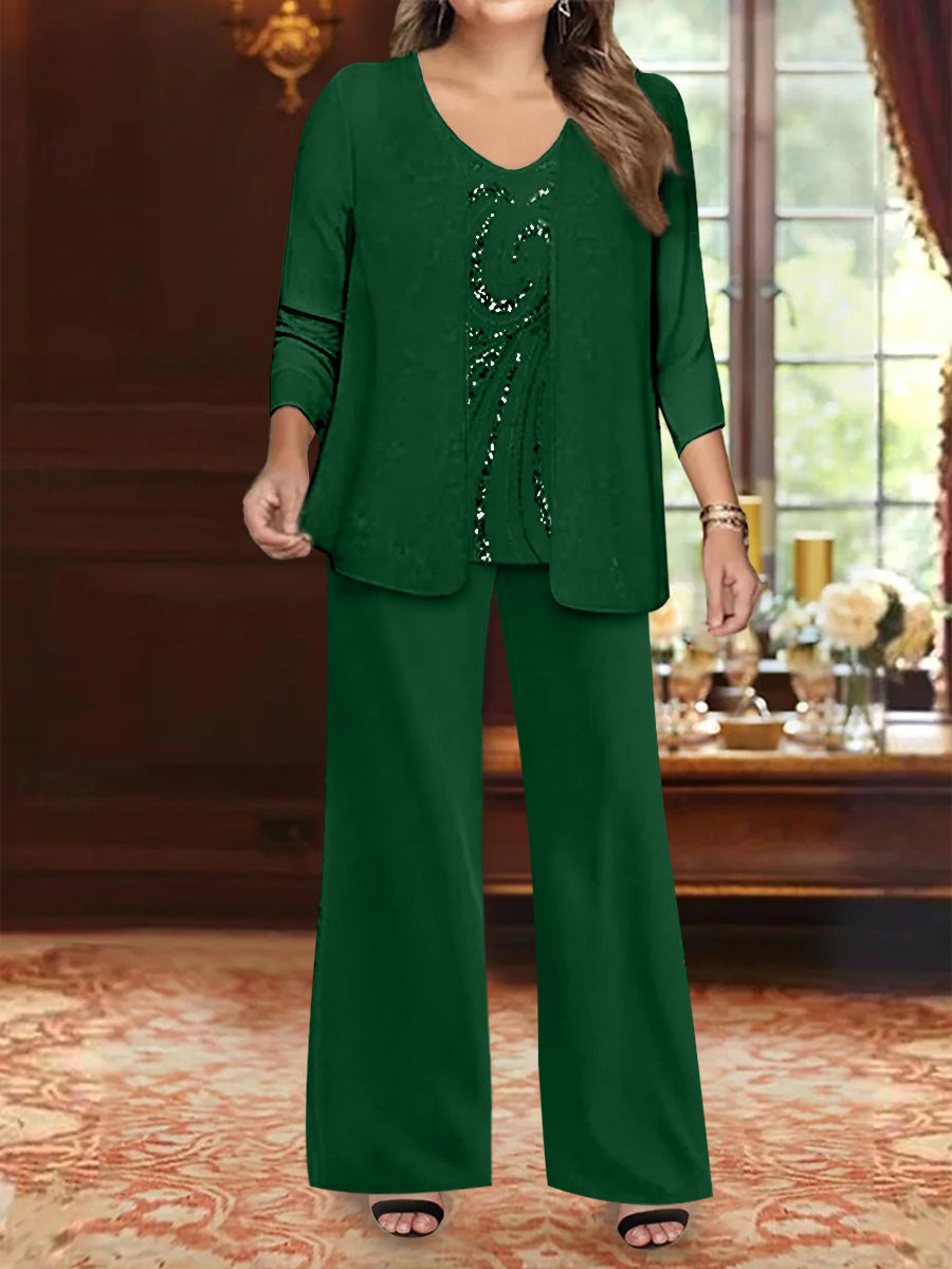 Plus Size 3 Piece Mother of the Bride Chiffon Pantsuit with V Neck Long Jacket & Sequins