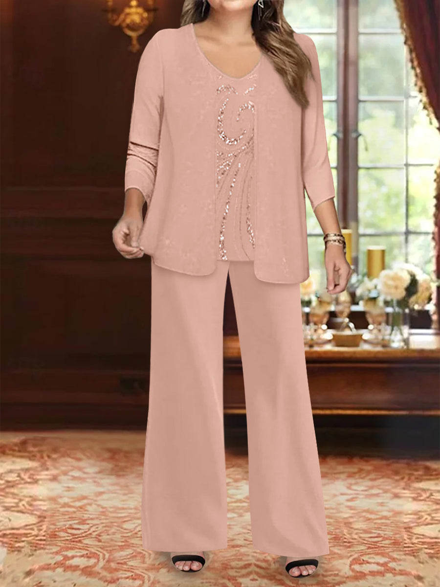 Plus Size 3 Piece Mother of the Bride Chiffon Pantsuit with V Neck Long Jacket & Sequins