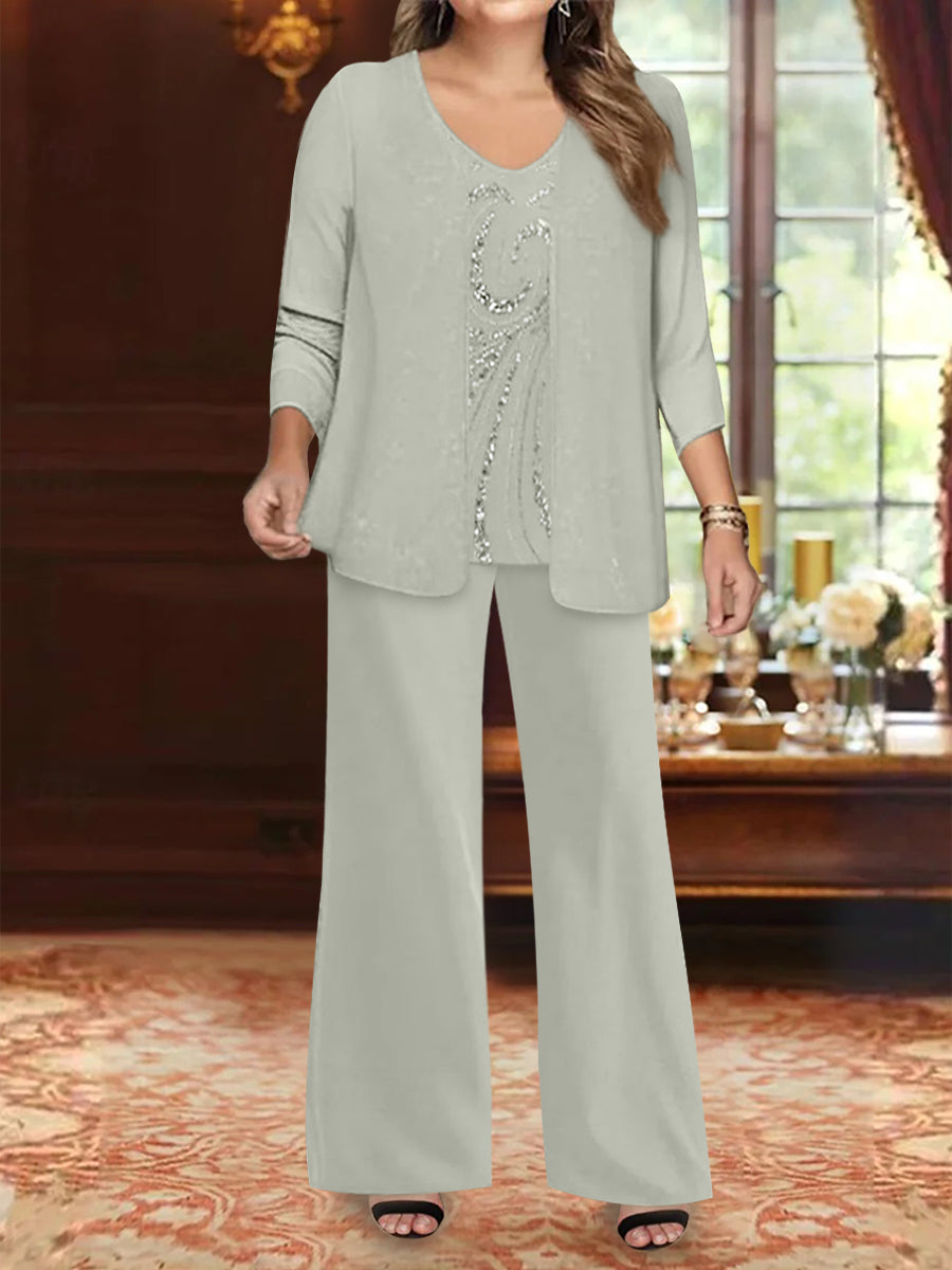 Plus Size 3 Piece Mother of the Bride Chiffon Pantsuit with V Neck Long Jacket & Sequins