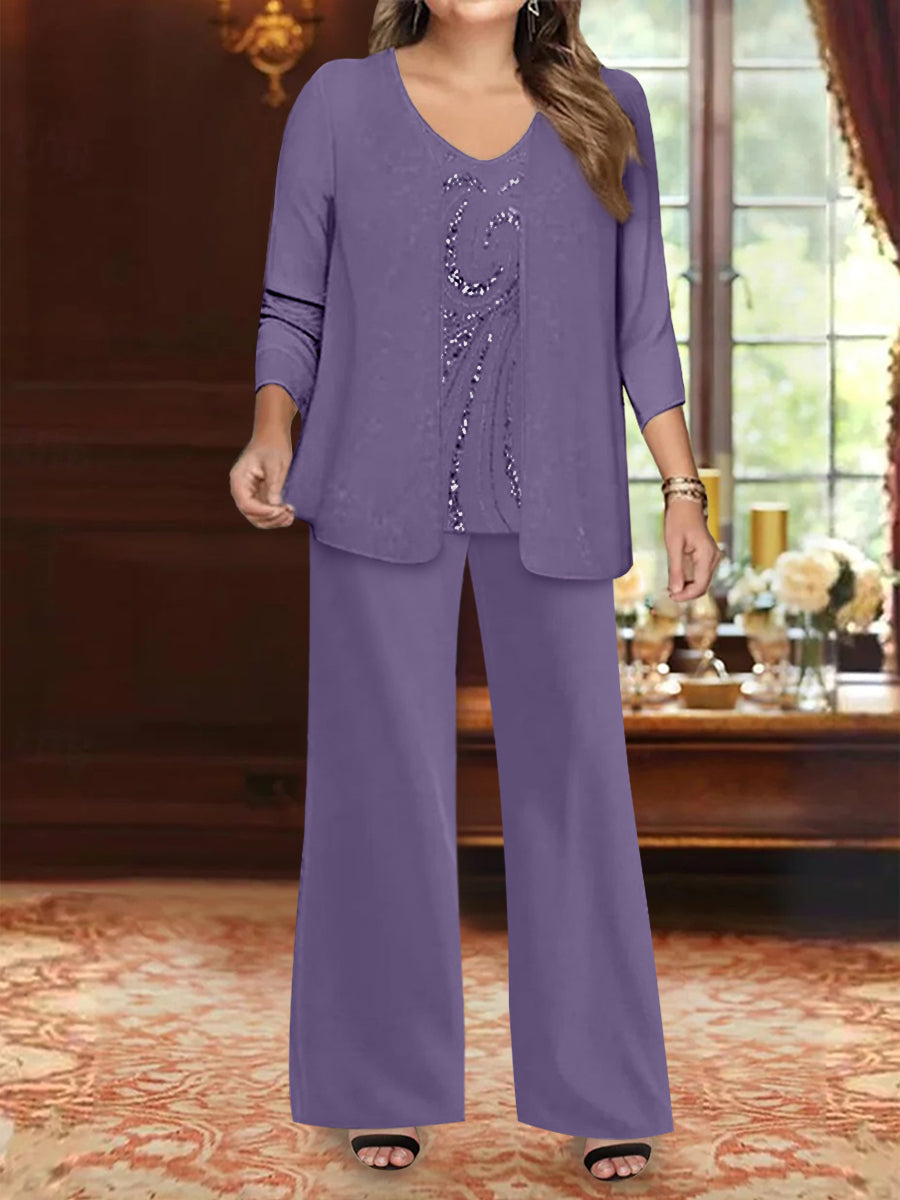 Plus Size 3 Piece Mother of the Bride Chiffon Pantsuit with V Neck Long Jacket & Sequins